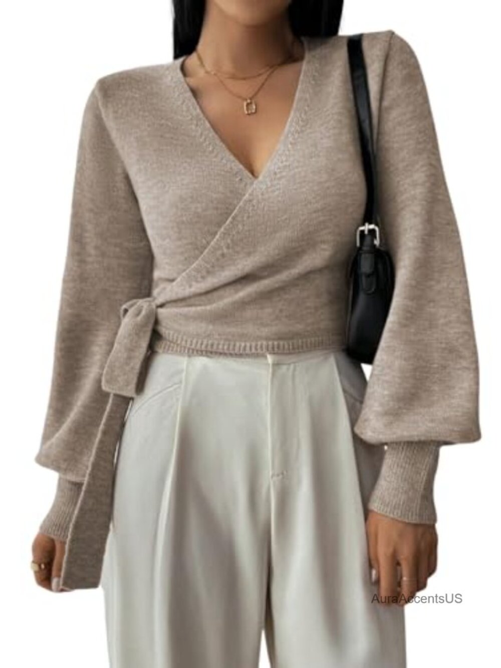 V Neck Cropped Sweater Wrap Knot Side Bishop Sleeve Knit Pullover Fall Winter